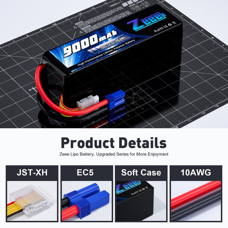 Zeee 6S Lipo Battery 9000mAh 22.2V 100C Soft Case RC Battery EC5 Connector with Metal Plates for RC Car Truck Desert Racer RC Tank RC Hobbies(2 Pack)