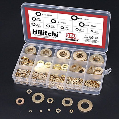 Hilitchi 350-Pcs [10 - Size] Brass Flat Washer Assortment Set - M2 M2.5 M3 M4 M5 M6 M8 M10 M12 M14
