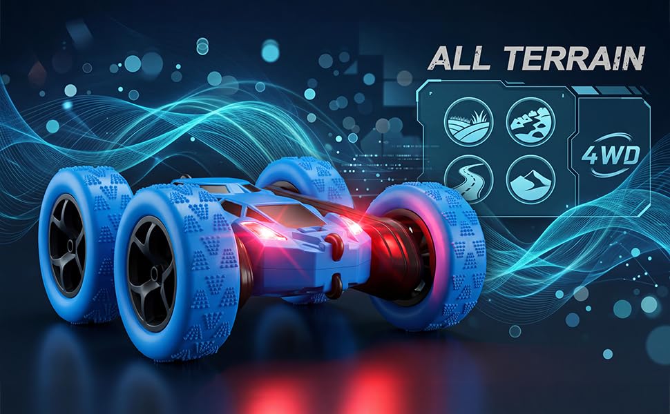 Remote Control Stunt Car 4WD, Double-Sided 360°; Flip RC Car, LED Light Bar, USB-C Rechargeable Battery, 2.4GHz Outdoor Toy