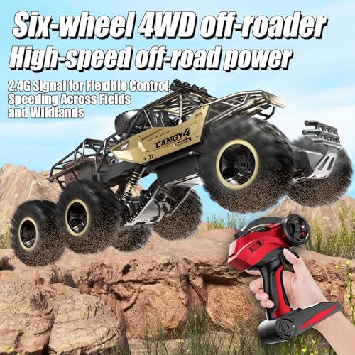 Remote Control Monster Truck, RC Cars Rock Crawler RC Truck with 2 Rechargeable Batteries, Metal Exterior & LED Lights, Large Boy Toys for Ages 4-7, 8-12 & Adults Great Gift - color: 6 Wheels Gold