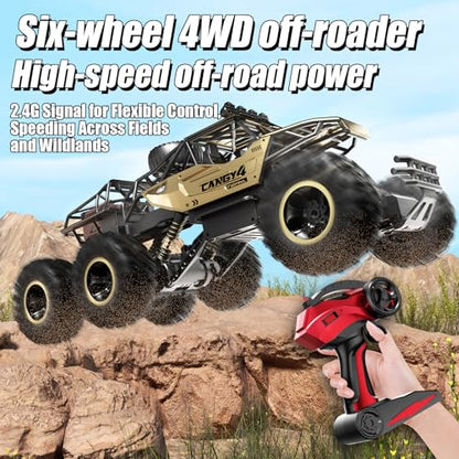 Remote Control Monster Truck, RC Cars Rock Crawler RC Truck with 2 Rechargeable Batteries, Metal Exterior & LED Lights, Large Boy Toys for Ages 4-7, 8-12 & Adults Great Gift - color: 6 Wheels Gold