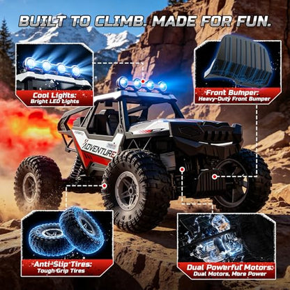 DEERC DE125 1:14 RC Rock Crawler, 4WD Remote Control Off-Road Monster Truck with Mist Spray, Metal Shell, LED Lights, 2.4GHz All-Terrain Car, 2 Batteries, Gifts for Kids & Adults - color: Black