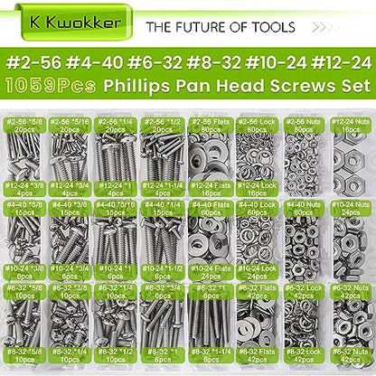 1059Pcs Nuts and Bolts Assortment Kit Phillips Pan Head #2-56#4-40#6-32#8-32#10-24#12-24 Machine Screws, K Kwokker 26 Sizes 304 Stainless Steel Screws Nut and Bolt Assortment with Screw Organizer - size: E. #2-56 - #12-24