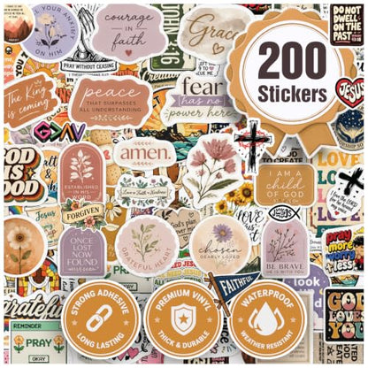 Premium 200 Pcs Christian Stickers, Faith-Based Waterproof Vinyl | 200 Unique Designs Bible Verse & Faith-Based Sticker for Laptops, Journals, Tumblers, Scrapbooks Church Gifts, Teens & Adults - color: Christian Stickers, size: 200 Pcs