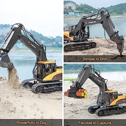 3 in 1 Remote Control Excavator Toy 1/14 Scale RC Excavator, 15 Channel Upgrade Full Functional Construction Vehicles with Tools Metal Breaker and Electric Gripper(Yellow/Black) - size: Medium