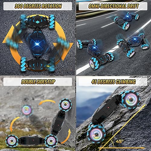 Pristar RC Cars Gesture Sensing Stunt Car, Best Gifts for Boys 6-12 | 2.4Ghz Remote Control Car Toys for Boys Age 6 7 8 9 10 11 12, Double Sided Flip 360° 4WD Off-Road with Spray Lights Music - color: Blue-black