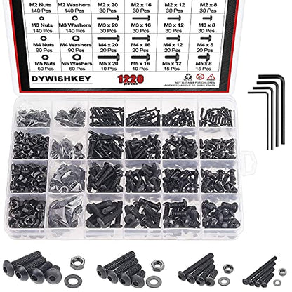 DYWISHKEY 1220 Pieces M2 M3 M4 M5, 10.9 Grade Alloy Steel Hex Button Head Cap Bolts Screws Nuts Washers Assortment Kit with Hex Wrenches - color: black