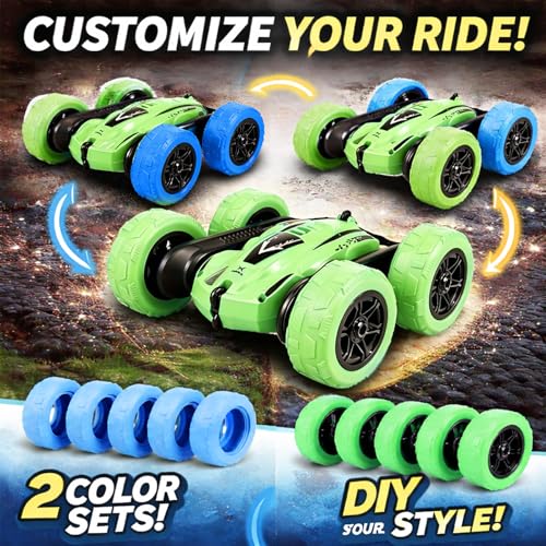 Titorot RC Stunt Car –Green | 360° stunt flips, double-sided driving, LED lights, rechargeable battery, 2.4GHz anti-interference, all-terrain wheels, 4-8 - color: Green+extra 4 Yellow Wheels