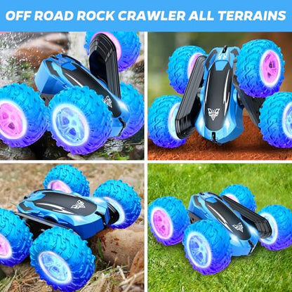 KKONES Remote Control Car, 2.4GHz Double Sided 360° Flips RC Stunt Car | LED Wheels & Headlight 4WD Race Stunt Car, High Speed Off Road Cars Toy Gift for 3 4 5 6 7 8-12 Year Old Boy Toys (Blue) - color: Blue