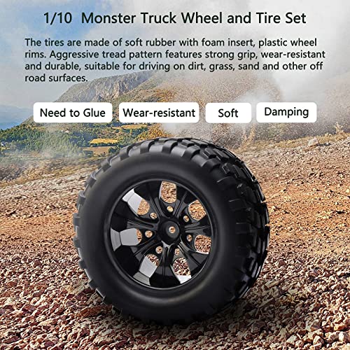 4-Pack 12mm Hex RC Wheels and Tires Set For 1/10 Scale Off Road Monster Truck, Rubber Tyre with Foam Inserts Locknuts Washers for HSP 94188 Volcano S30 etc | For Traxxas Rustler Stampede Slash, Arrma Senton Granite, RC Monster Truck - style: 7 Spokes-Blac