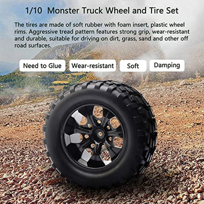 4-Pack 12mm Hex RC Wheels and Tires Set For 1/10 Scale Off Road Monster Truck, Rubber Tyre with Foam Inserts Locknuts Washers for HSP 94188 Volcano S30 etc | For Traxxas Rustler Stampede Slash, Arrma Senton Granite, RC Monster Truck - style: 7 Spokes-Blac