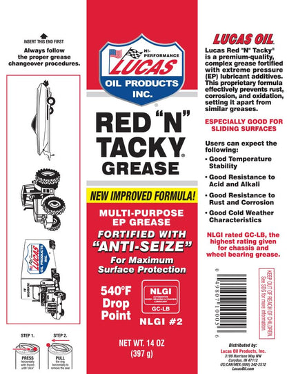 Lucas Oil 10005 Red "N" Tacky Grease - 14 Ounce Cartridge (Pack of 30) | Premium Automotive Marine Industrial Lubricant Heavy Duty High Temp Waterproof Bearing Chassis Protection Bulk Tubes Case - size: 14 Ounce, style: 30 Pack