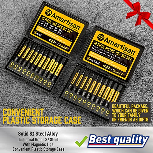Amartisan 20-Piece Hex Head Allen Wrench Drill Bit Set, Metric and SAE S2 Steel Hex Bits Set, Magnetic Tips, 2.3" Long With Storage box. (20-Piece Hex Bit Set - NEW) - style: 20-Piece Hex Bit Set - NEW