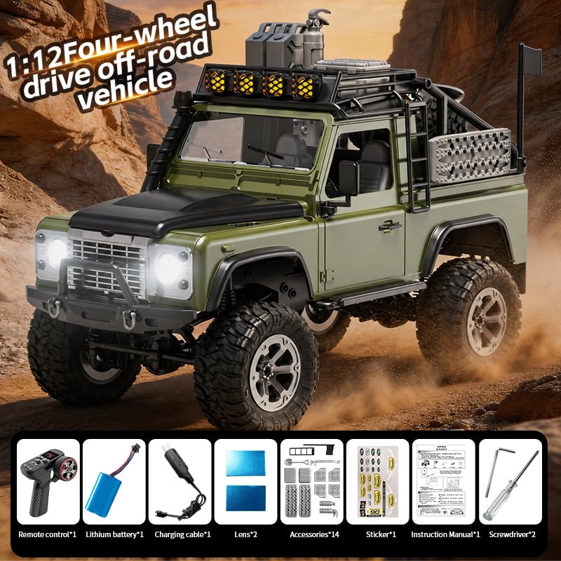 KF90 1/12 Scale 4WD RC Rock Crawler, All-Terrain Off-Road Truck with 2.4GHz Full Proportional Control, LED Lights, 7.4V 1200mAh, Waterproof RTR Hobby Grade RC Car for Adults, Green - color: Green