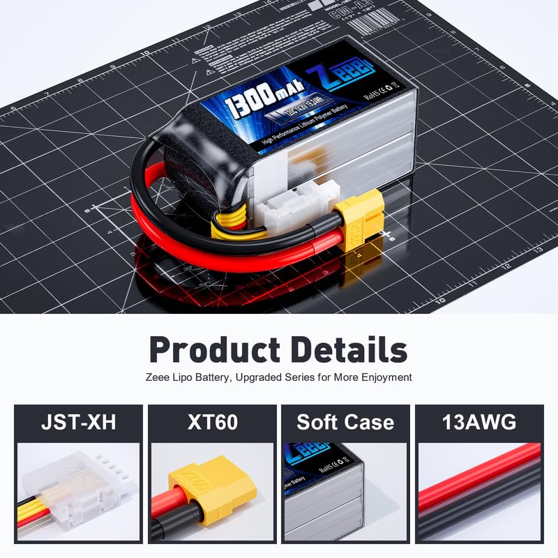 Zeee 14.8V 120C 1300mAh 4S RC Lipo Battery Graphene Battery with XT60 Plug for FPV Racing Drone Quadcopter Helicopter Airplane RC Boat RC Car RC Models(2 Pack)