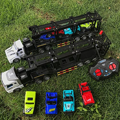 Remote Control Car Transporter Truck Includes 4 Cars - 14" 1:48 Mini RC Toy Semi Truck Trailer with 2pcs Rechargeable Batteries, Carrier Car Truck Vehicle with Lights, Great Gift for Kids Boys Girls