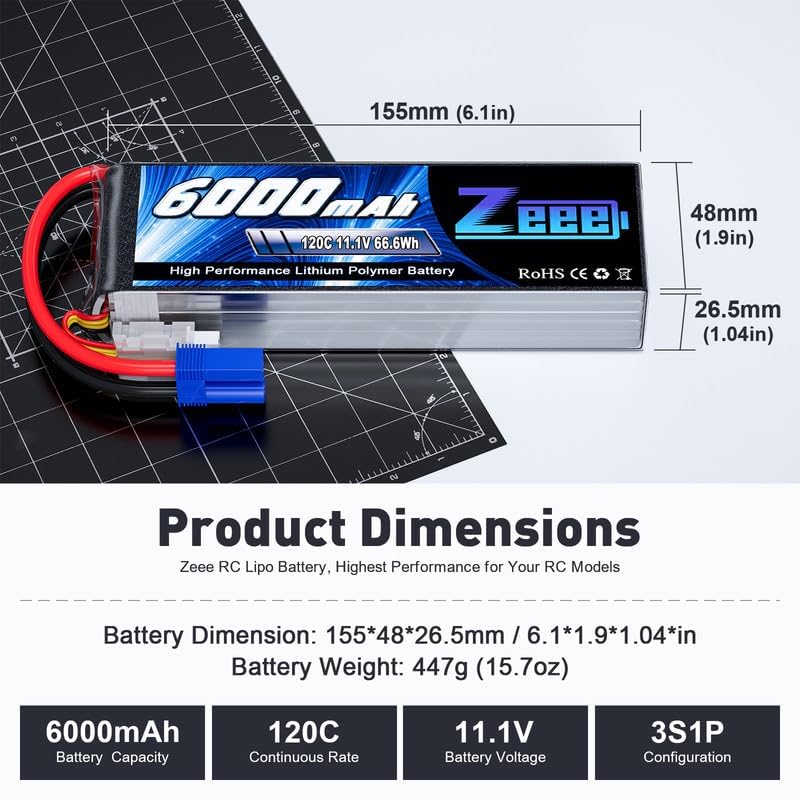 Zeee 3S Lipo Battery 6000mAh 11.1V 120C Soft Case RC Battery with EC5 Connector for Helicopter Airplane Quadcopter RC Airplane RC Car Truck Boat(2 Pack)