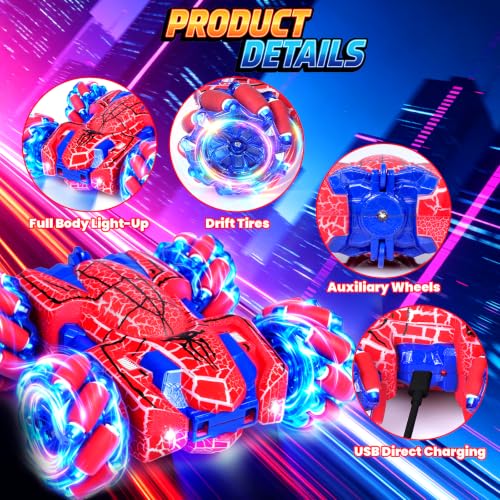 Spider Gesture Sensing Remote Control Car, 2.4GHz Hand Controlled RC Cars with full-Body Light, Double Sided 360° Rotating Rechargeable RC Stunt Car Birthday Gift Toys for Boys 4 5 6 7 8 9 10 11 12