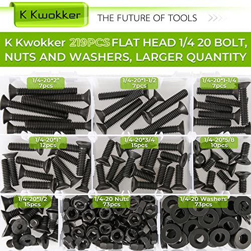 1/4 20 Bolt and Nuts, with Washers for Screws, Hex Socket Flat Head 7 Sizes are 2", 1-1/2", 1-1/4", 1", 3/4", 5/8", 1/2", 10.9 Grade Alloy Steel, Black, Full Machine UNC Thread - size: 1/4 20 Hex Socket Flat Head