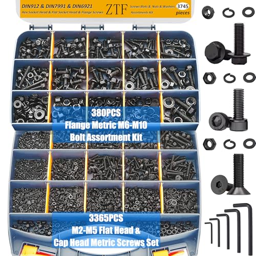 ZTF 3745PCS Metric Bolt Assortment Kit, M2-M10 Hex Socket Screws & Nuts | 3745-piece metric hardware kit featuring M2-M10 socket cap, flat head screws, flange bolts, nuts, washers, and wrenches. - size: Flange+Flat+Button Head