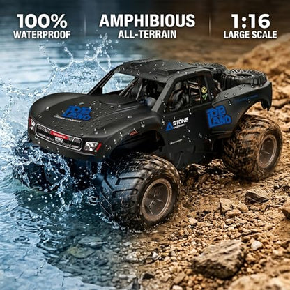 Amphibious Remote Control Car Monster Truck - 4WD Waterproof 1:16 Large All Terrain Off Road Vehicle RC Drift Cars Beach Pool Toys Gifts for Boys Kids 8-12 - color: Blue