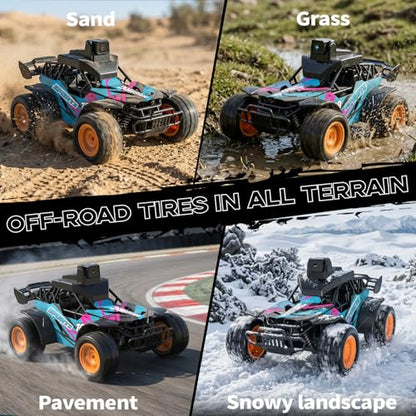 RC Car with Camera, 2.4GHz Remote Control Truck with 2.8”LCD Screen & 60° Adjustable Camera, Live Video, APP/Radio Dual Control, 2 Speeds, Rechargeable Off-Road RC Cars, Gift for Adults and Kids - color: Pink and Blue