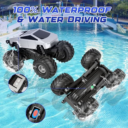 1:18 Amphibious 4WD Cyber RC Monster Truck, 2.4GHz Waterproof Stunt Car w/Charging Dock Gift for Boys 4+ - color: Silvery
