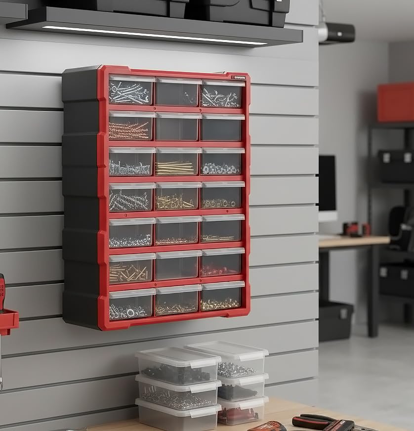 Small Parts Organizer for Hardware & Screws | 18 Removable Bins with Dividers | Wall Mount or Desktop Craft & Lego Storage Cabinet | 19” x 15” x 7” BX08-4019 - style: 18 Drawers