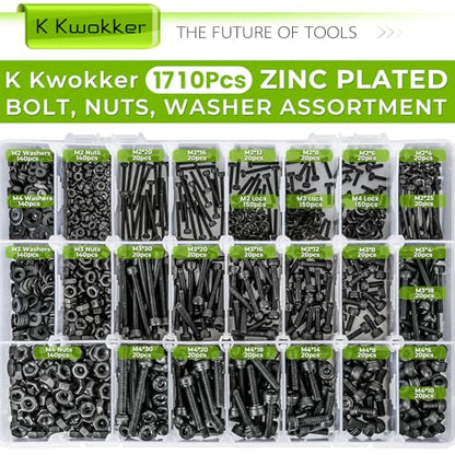 Hex Socket Metric Bolt Assortment, 1713Pcs M2 M3 M4 | 21 Sizes 4mm–30mm Length; 12.9 Alloy Steel, Zinc Plated; Includes Screws, Nuts & Washers and Hex Bits for Machinery Repair - size: A. M2 M3 M4