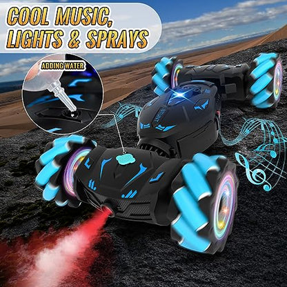 Pristar RC Cars Gesture Sensing Stunt Car, Best Gifts for Boys 6-12 | 2.4Ghz Remote Control Car Toys for Boys Age 6 7 8 9 10 11 12, Double Sided Flip 360° 4WD Off-Road with Spray Lights Music - color: Blue-black