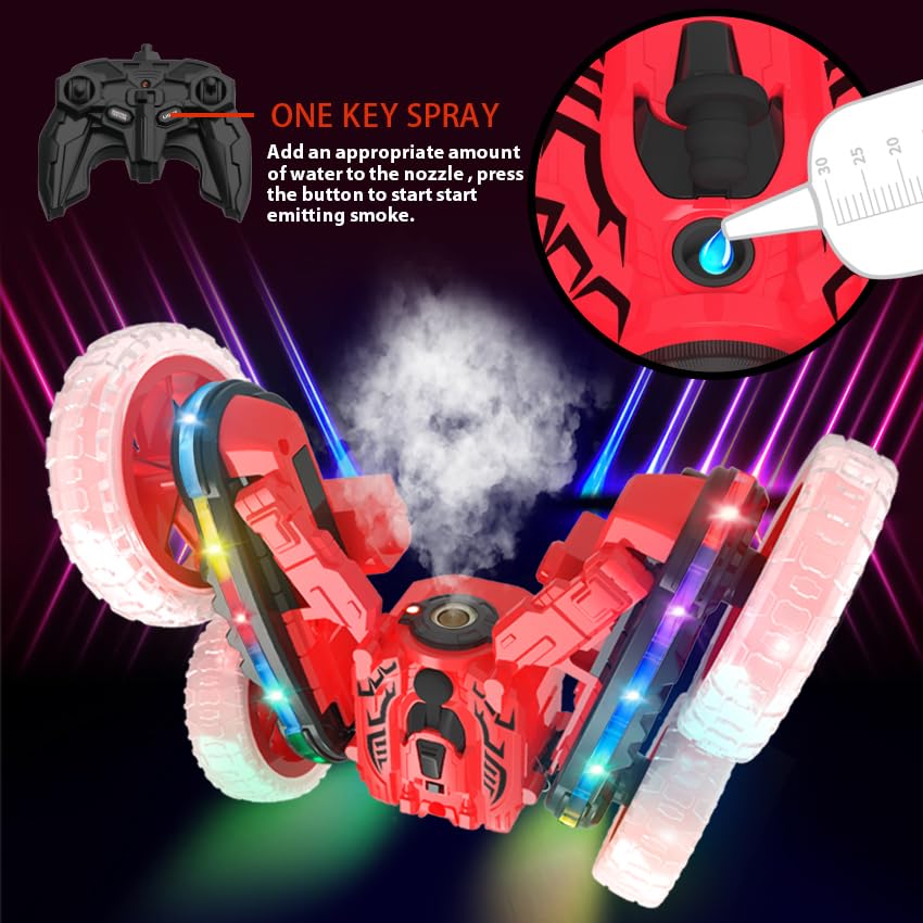 Rc Stunt Cars, Remote Control Cars with Sides Light Strip & 360° Flips Rotating Spray, Double Sided 2.4Ghz All Terrain Toy for Kids Ages 6-12 Year Old Gift (red) - color: Red