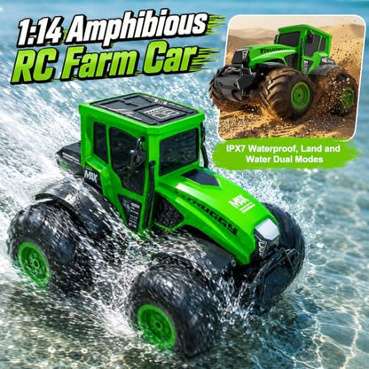1:14 Amphibious Farm RC Tractor, All-Terrain Off-Road Stunt Trucks Toy Car | Waterproof Amphibious Farm Vehicle 2.4GHz Remote Control Tractor 4WD Stunt Water Car Birthday Gift for Boys & Girls Ages 6-14