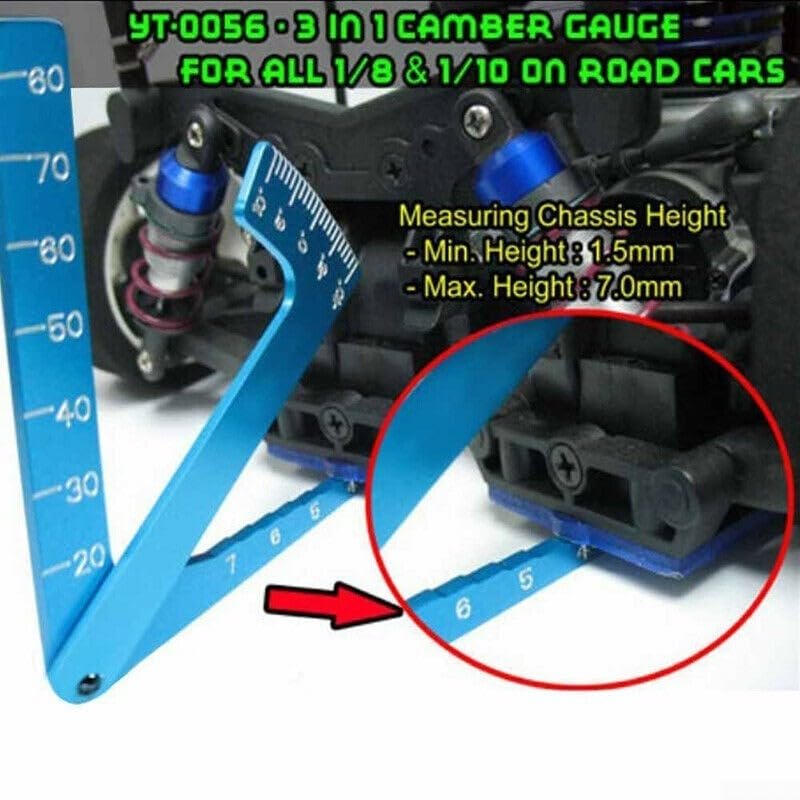 Blue Aluminium Alloy Camber Gauge for 1/8 1/10 RC Car, Wheel Setup Tool with Chassis Height Ruler -20mm to 80mm