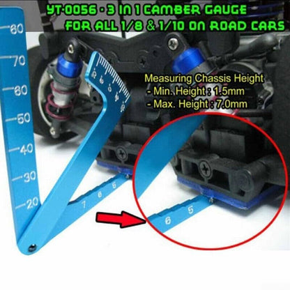 Blue Aluminium Alloy Camber Gauge for 1/8 1/10 RC Car, Wheel Setup Tool with Chassis Height Ruler -20mm to 80mm