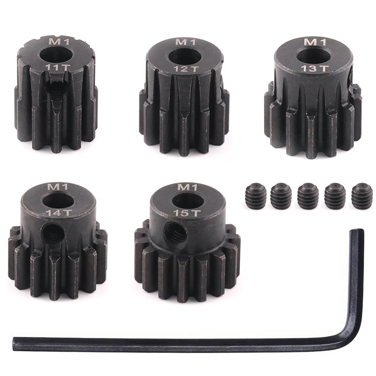 5pcs Mod 1 Pinion Gear 5mm Set Hardened Steel 11T 12T 13T 14T 15T Fit 5mm RC Motor Shaft M1 Pitch Gears Compatible with Arrma Traxxas Axial HSP Redcat Losi RC Car Truck Buggy (with Screwdriver) - size: 11 12 13 14 15T