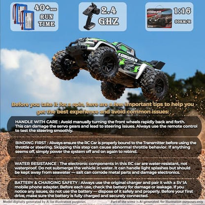 RC Cars 1:16 Scale Remote Control Car 50 KMH High Speed Fast 4WD RC Truck for Kids Adult Boys Toys 2.4 GHz All Terrains RC Buggy Off-Road Drift RC Monster Trucks with 2 Batteries (Green) - color: 140-green-2