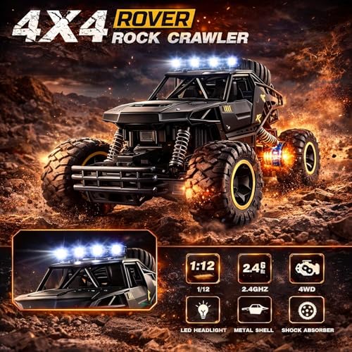 1:12 Large RC Rock Crawler, Remote Control Car 4WD Off Road Truck with Metal Shell, LED Headlights, Dual Motors, Shock Absorbers, 2 Batteries, All Terrain Monster RC Car for Kids Teens Adults Silver - size: 1:12 Silver Crawler