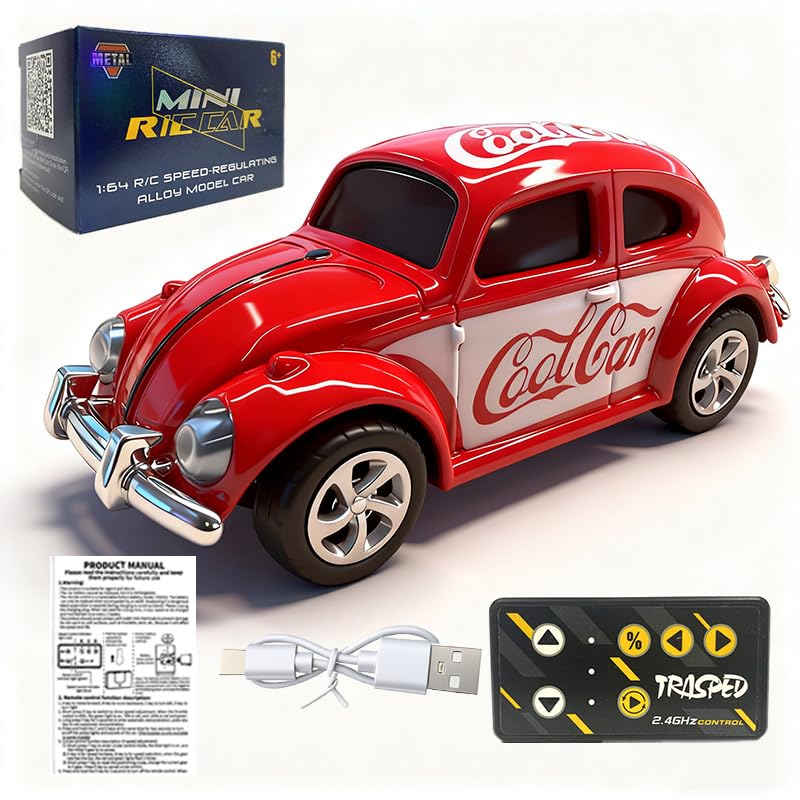 Mini RC Car, Alloy 1/64 RC Car [LED Lights] [3 Speeds Modes] [Rechargeable Battery] Retro Beetle with Remote Control,RED - color: Red