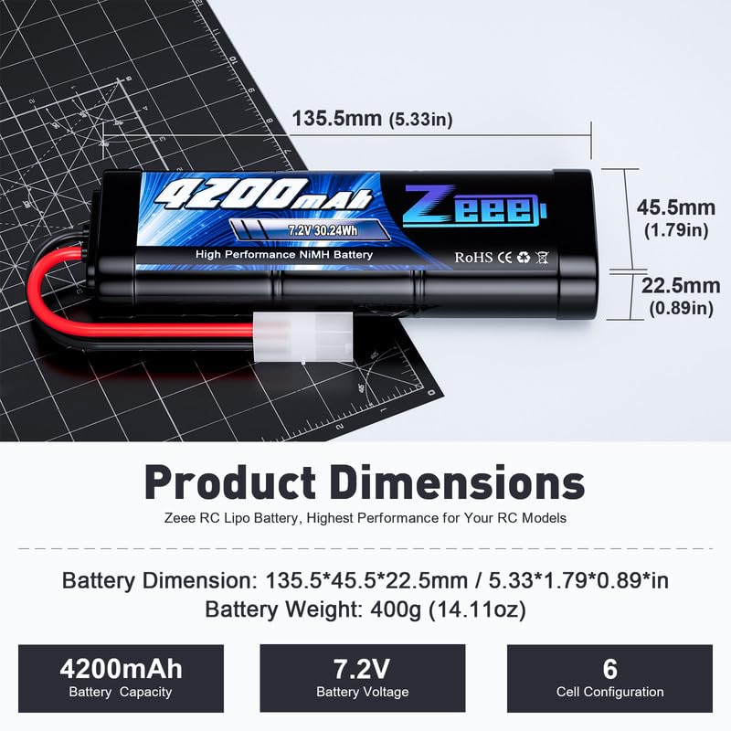 Zeee 7.2V 4200mAh NiMH Battery with Tamiya Connector (2 Pack) | High Power for RC Car Truck Associated HPI Losi Kyosho Tamiya Hobby