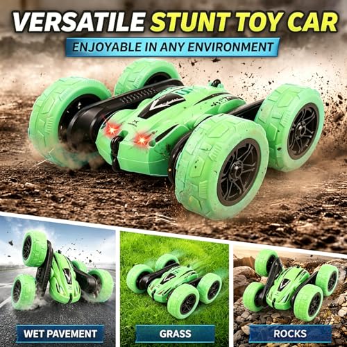 Titorot RC Stunt Car –Green | 360° stunt flips, double-sided driving, LED lights, rechargeable battery, 2.4GHz anti-interference, all-terrain wheels, 4-8 - color: Green+extra 4 Yellow Wheels