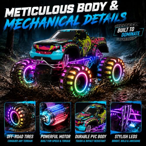 Remote Control Monster Truck Toys, RC Monster Trucks for Kids Ages 4-7-12 | 1:20 Scale, 2.4GHz RC Car Trucks with Lights, All Terrain, 2 Rechargeable Batteries, Christmas Birthday Gifts for Boys Girls