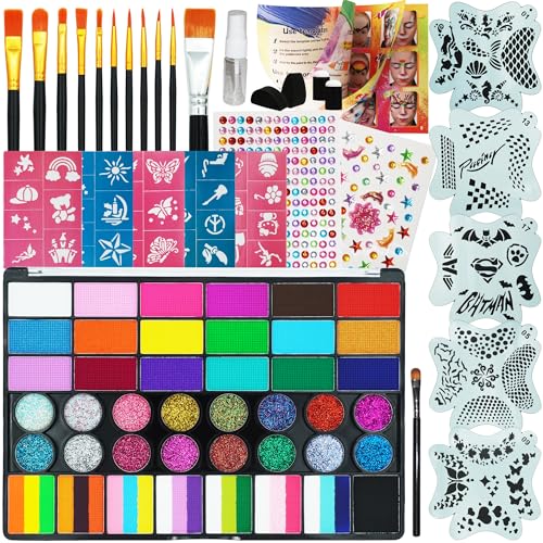 42 Color Face Painting Kit - Non-Toxic Water Activated Face & Body Paint Set with Stencils, Brushes, Sponges - For Halloween, Carnival, Birthday Parties, Costume Makeup, Festivals & Events - color: 42 Color Face Painting Set with Cake