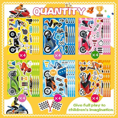 24 Sheets Motorcycle Stickers, Make a Motocross Face Sticker | Make Your Own Dirt Motobike Stickers for Kids Party Favor Birthday Party Supplies Crafts - style: Motorcycle
