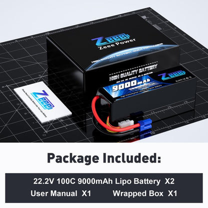 Zeee 6S Lipo Battery 9000mAh 22.2V 100C Soft Case RC Battery EC5 Connector with Metal Plates for RC Car Truck Desert Racer RC Tank RC Hobbies(2 Pack)