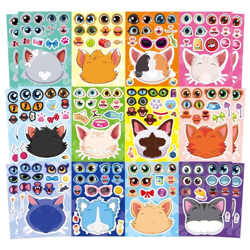 Cats Stickers for Kids, Make a Cat Face Stickers, Animal Stickers | 24 Sheets Make You Own Cats Stickers, Birthday Gift Party Favors Supplies Teacher Art Craft, Games School Activity Reward - style: Cats Stickers
