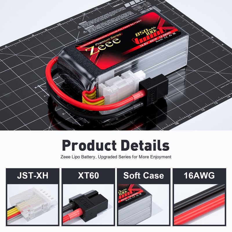 Zeee Premium Series 4S Lipo Battery 850mAh 14.8V 100C FPV Batteries with XT60 Plug for Racing Drone Quadcopter Helicopter Airplane RC Boat RC Car RC Models(2 Pack)
