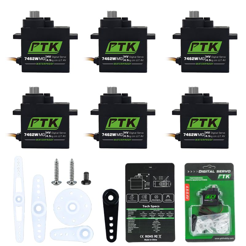 PTK 7462W MG 13g Waterproof Micro Digital Servo Metal Gear Core Motor 4.5kg Torque for SCX24 AX24 1/24 Crawler Cars Robots Fixed Wings Upgrade Parts 180 Degrees (6pcs) - style: PTK 7462W-6pcs