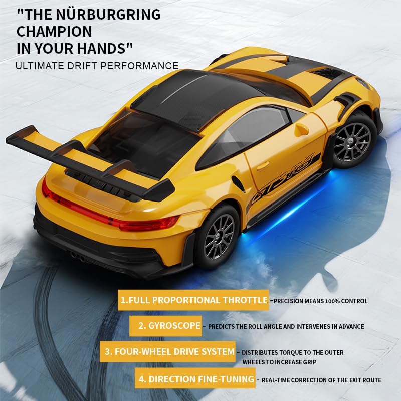 1/43 Scale RC Drift Car, 2.4G Full Proportional 4WD Remote Control Car with Gyro, Adjustable Speed & LED Lights, Alloy RC Vehicle for Adult