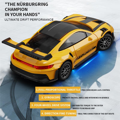 1/43 Scale RC Drift Car, 2.4G Full Proportional 4WD Remote Control Car with Gyro, Adjustable Speed & LED Lights, Alloy RC Vehicle for Adult