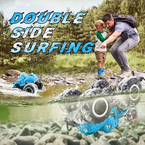Amphibious Remote Control Car, 1:20 Waterproof Dinosaur Monster Trucks for Boys Age 4-7, 2.4GHz All Terrain RC Cars with 2 Batteries, 360° Rotating Stunt RC Car Toy Birthday Gift for Kids 3-5 - color: Azure Dinosaur Truck